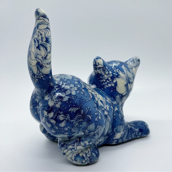 Joan Baker Porcelain Patchwork Vintage Decoupage Blue Floral Ceramic Cat Figure - Picture 6 of 13